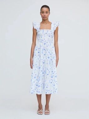 Hill House Home Ellie Nap Dress Blue Botanical 100% Cotton Smocked S